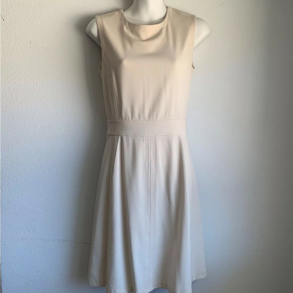 BCBG Maxazria Sheath Dress Women's Beige Boat Neck Midi Office Lined